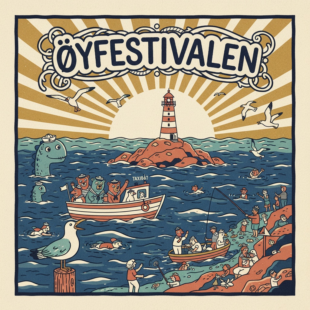 Øyfestivalen — illustrasjon av en sommerdag i skjærgården med fyr, robåter, bjørner med sjømannsluer, måker og en vennlig sjøorm